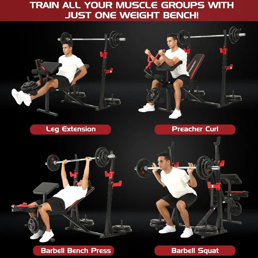 900LBS Weight Bench Set with Squat Rack & Leg Extension – Comprehensive Strength Training Solution