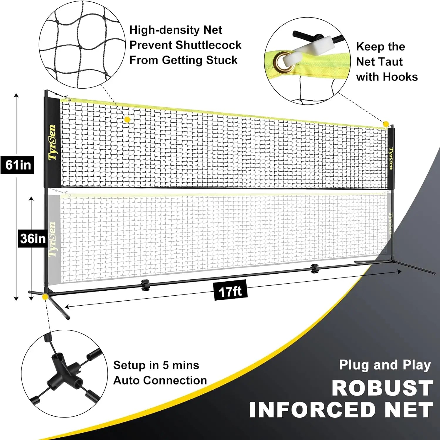 17FT Pickleball & Badminton Net Set with Adjustable Heights