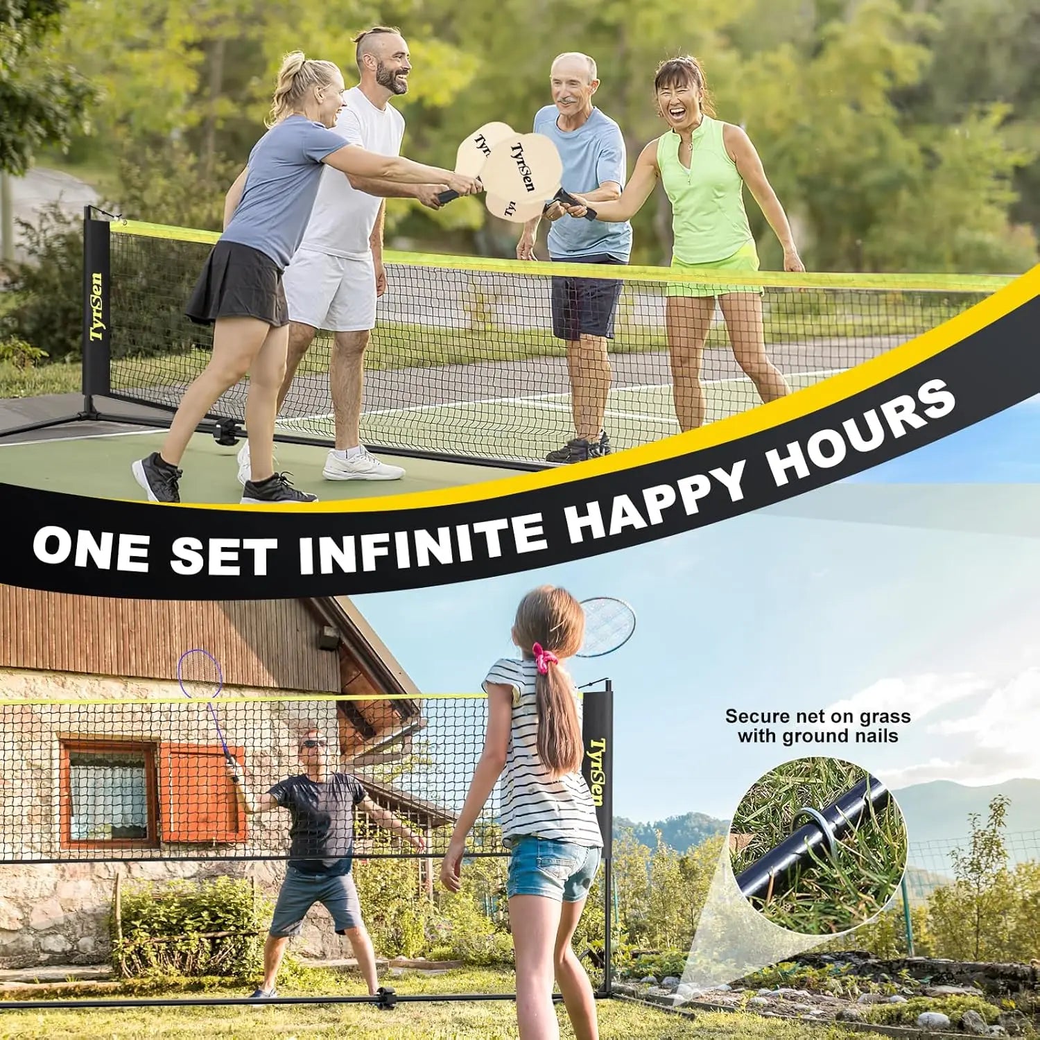 17FT Pickleball & Badminton Net Set with Adjustable Heights