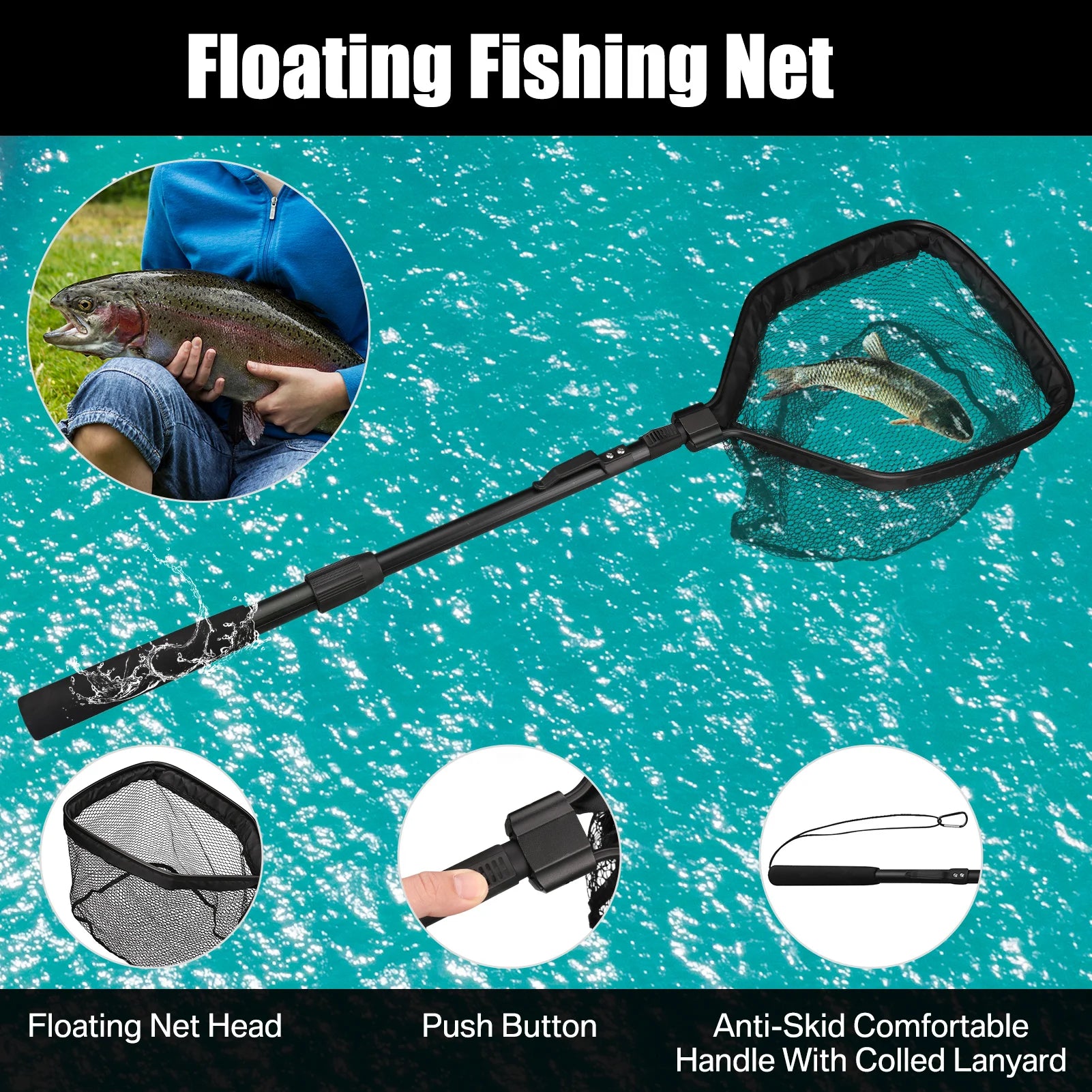 Telescopic Fishing Net (55cm–190cm) – Foldable Landing Net for Salmon, Carp, Catfish, and Trout